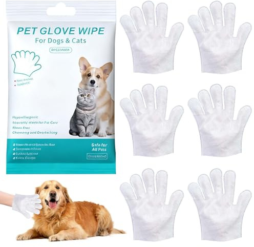 Dog Washing Gloves, 6 Pcs Pet Wipes for Dog and Cat, Fur Face, Ear, Eye, Paws Cleaning Wipes, Pet Wash Free Gloves, Cleaning Grooming Wipe for Daily Care and Traveling, No Rinse, Gentle, Thickened