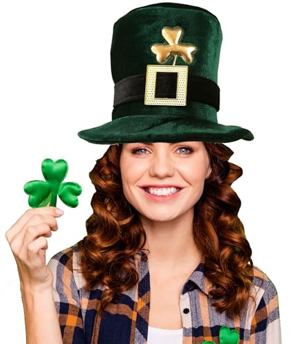 Hooin St. Patrick Hut - Vintage in Dunkelgrün mit goldener Schnalle und besticktem Kleeblatt