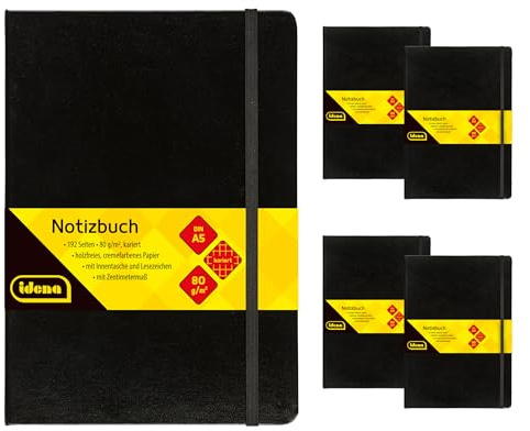 Idena 90447 - Notizbuch A4 kariert, 5 Stück, 192 Blatt 80 g/m² in Creme, mit Innentasche, Gummiband und Lesezeichen, Hardcover Einband in Schwarz