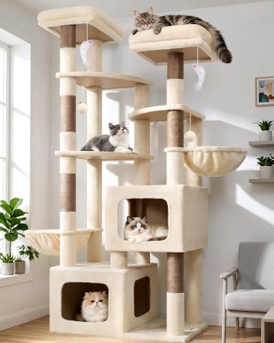 Globlazer Beige Arbol Rascador XXL para Gatos Grandes 189 cm con 2 Inmenso Nidos 45*40*35cm, 3 Plataforma 45*40CM, 2 Percha, 2 Cesta, Enorme Arbol para Gatos Grandes Maine Coon Adultos (S74E, Beige)