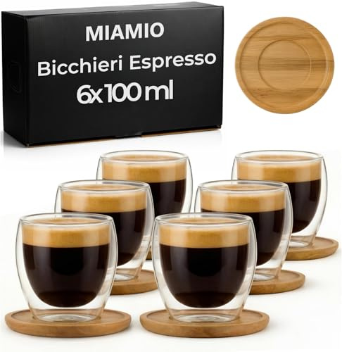 MIAMIO - Lot de 6 tasses à espresso/verres à espresso à double paroi/sans anse/avec soucoupe/en verre borosilicaté (100 ml)