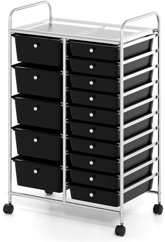 COSTWAY 15 Drawers Storage Trolley, Home Office Stationary Rolling Cart with 4 Wheels, Multipurpose Mobile Organiser Shelving Unit for Makeup Beauty (62 x 39 x 96cm, Black)