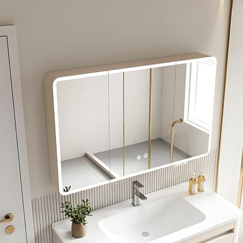 Upplyst LED badrum spegelskåp smart smink medicinskåp med HD-spegel och dimknapp snygg beige design (90 x 13 x 70 cm)