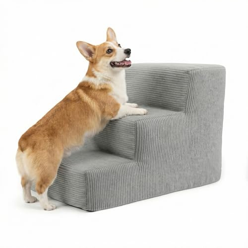 murando Escalera para Perros de 3 Etapas - Rampa de 30 cm de Altura | Ideal para Mascotas, Cama y Sofá - Pana Peldaños para Perros y Gatos - Espuma de Alta Densidad, Antideslizante - Gris