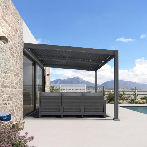 PURPLE LEAF Pergola Bioclimatique Adossée 3 x 3,65 m Lames Orientables Gris | Gain de place, Pergola adossée, Fixation murale stable, Extension naturelle, Fixation au sol par vis, Protection UV, Jardin