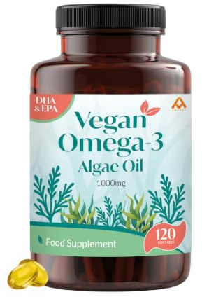 Omega 3 Algae Oil | Vegan Premium Microalgae | Plant Based Supplement for Heart and Brain Support | High Strength | Excellent Source of DHA and EPA |120 Easy to Swallow Capsules