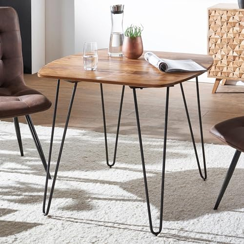 FineBuy Esstisch quadratisch 80cm Sheesham Massivholz – Moderner Küchentisch mit schwarzen Hairpin-Beinen, Design Esszimmertisch aus Echtholz, Holztisch massiv Bistrotisch