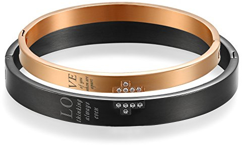 JewelryWe Schmuck Herren Damen Armband, Lieben Freundschaftsarmband, Love Semi Kreuz Charm Armreif, Edelstahl Zirkonia, Schwarz Rosegold, kostenlos Gravur