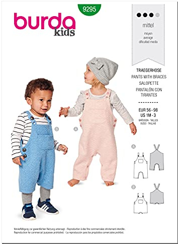 Burda Style Baby-Latzoverall mit Trägern, Code 9295 Schnittmuster-Set, Größen 1 Monat bis 3 Jahre, mehrfarbig