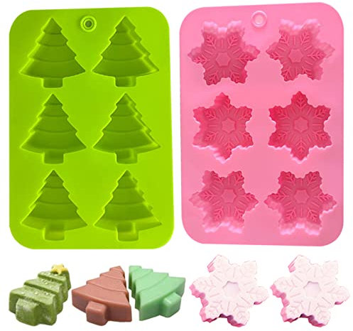 2 Pcs Christmas Silicone Moulds,Tree & Snowflake Chocolate Mould,12-Cavity Chocolate Candy Cake Muffin Jelly Baking Mold,Soap Wax Melt Moulds for Home Party Xmas Moulds Cake Decoration Gift DIY