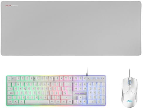 Mars Gaming MCPX, Combo Gaming 3en1 con Teclado H-Mech Iluminado, Ratón Ultraligero 10000 dpi con Software y Alfombrilla XXL, Compatible con PC, PS4, PS5, Xbox, Idioma Español, Blanco