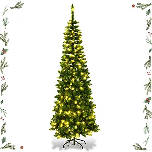 GYMAX Albero di Natale Slim 230 cm, 350 Luci Incorporate, Luce Calda Bianca, 1085 Rami Folti in PVC, Design Automatico e Divisibile per Montaggio e Trasporto, Supporto Pieghevole in Ferro, Verde