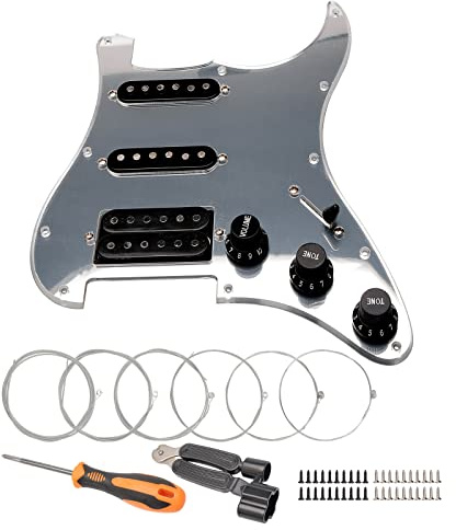 Unxuey Vorverdrahtetes Pickguard mit 11 Löchern und schwarzen SSH-Tonabnehmerteilen für Fender Strat SQ Gitarre, 1-lagig, Silber, mit Alnico-Tonabnehmern, Gitarrensaiten und Installationswerkzeug