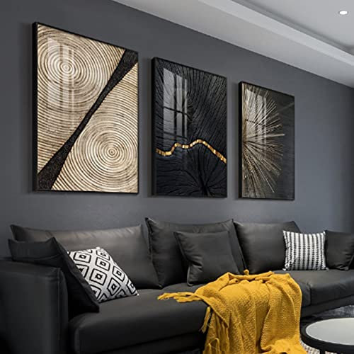 HEHGVCF 3er Abstrakt Poster Set Schwarz Gold Jahresring Linien Wandbilder Gold Leinwandbilder Wandposter Moderne Bilder Wohnzimmer Deko Ohne Rahmen (3 Stück,50 x70cm)