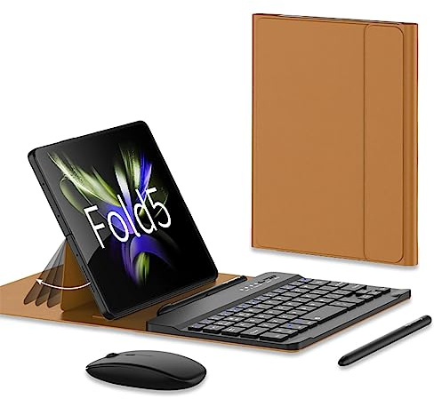 COQUE Kit accessori per ufficio mobile Samsung Galaxy Z Fold 5,tastiera silenziosa del telefono/mouse Bluetooth/penna touch+slot penna/kit ufficio custodia in pelle pieghevole-marrone
