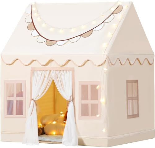 Wilwolfer Play Tent with Lights, Cloth Banners- Kids Tent Indoor - Toddlers Playhouse with Windows - Large Toddler Tent for Kids -Toy House Gift for Boys & Girls