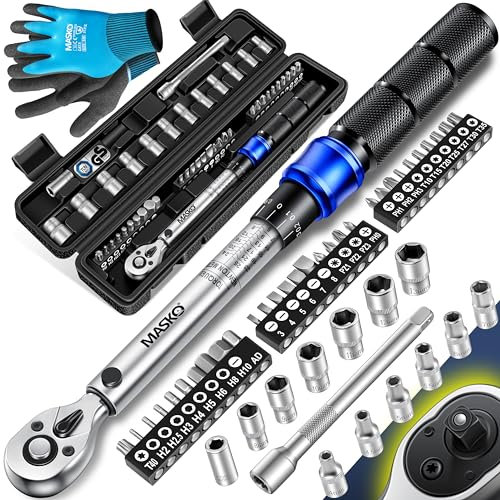 Masko® Set di Chiavi Dinamometriche 45 pezzi per Auto, Bici e Moto 1/4 di pollice 5-25Nm incl. Guanti, Presa magnetica per Candela Prese con asta di Prolunga 100mm +/- 4% di tolleranza