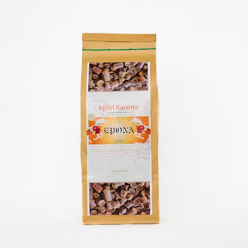 Original EPONA Apfel Karotte Leckerli Tüte, speziell für Pferde, bestehen aus reinem Apfel sowie einem Anteil von 20% Karotte- sind getreidefrei und besonders lecker.