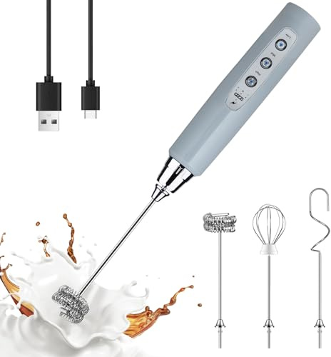 YUSWKO Hand-Milchaufschäumer für Kaffee, wiederaufladbarer elektrischer Schneebesen mit 3 Köpfen, 3 Geschwindigkeiten, Getränkemixer, Kaffee-Aufschäumer für Latte, Cappuccino, heiße Schokolade, Ei