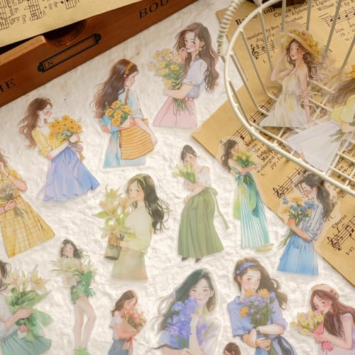Scrapbooking Zubehör Stickers Set,120pcs Blumen Girls Sticker PET Scrapbooking Aufkleber für Bullet Journal,DIY Aesthetic Scrapbook,Journaling,Fotoalbum,Calendar, Notebook Album Sticker
