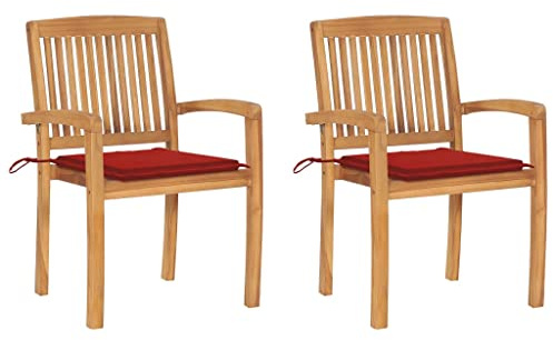CKioict Stapelstuhl Bistrostuhl Balkonmöbel Gartenstühle 2 STK. mit Roten Kissen Massivholz Teakfür Gärten, Pools, Terrassen