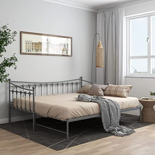 Rantry Ausziehsofa Bettgestell Ausziehbett Sofabett TagesbettGästebett Metallbett Funktionsbett Bettsofa Schlafsofa für Gästezimmer Wohnzimmer Grau Metall 90x200 cm#A