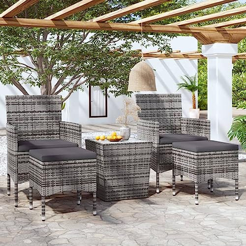 ULUYYUC 5-TLG. Garten-Bistro-Set, Terrassenmöbel Küchensofa Eckbankgruppe Eckbank Geeignet für Außenbereich Hinterhof Garten Balkon Poly Rattan und Hartglas Grau