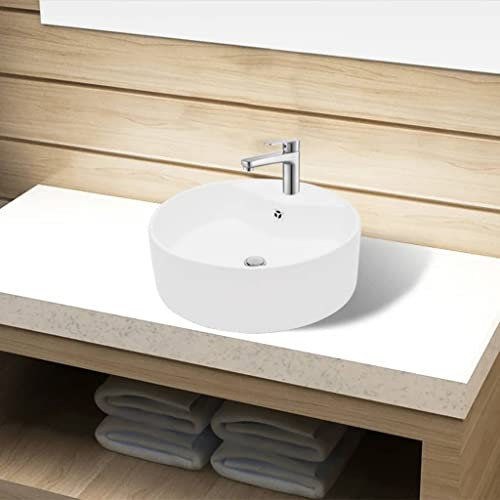 ARKEM Lavandino Bagno in Ceramica Bianca Rotondo con Foro di trabocco,Ceramica,Finitura Bianco Lucido - Lavandino Design Moderno Bacinella Lavamani Lavello Sanitari Bagno