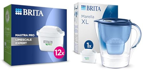 MAXTRA PRO Limescale Expert Water Filter Cartridge 12 Pack - Original BRITA Refill & Marella XL Water Filter Jug Blue (3.5L) incl. 1x MAXTRA PRO All-in-1 Cartridge - Large-Volume jug