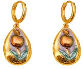 Damen Retro Ölgemälde Emaille Blumen Ohrringe 18K Gold Süßwasserperlen Ohrringe Schnalle Ohrringe(Purple)