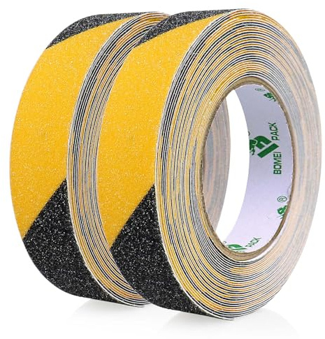 Cinta Adhesiva Antideslizante 2 Rolls de 10 m x 25 mm, Alta Tracción Fuerte Apretón Abrasivo, Cinta Antideslizante Seguridad para Exteriores y Interiores,BOMEI PACK (negro amarillo)