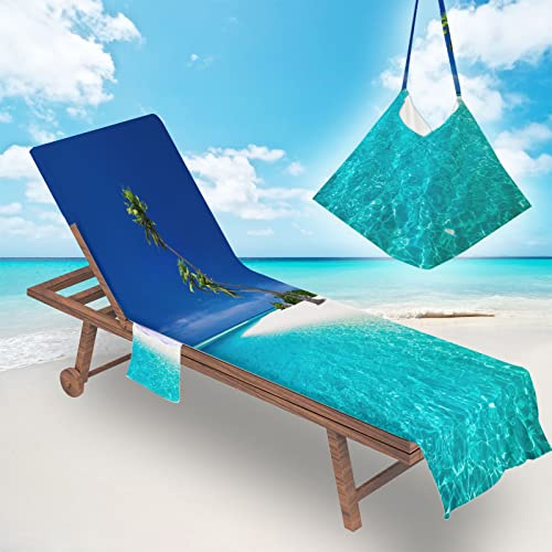 Treer Beach Chair Cover Towel, Microfiber Beach Towel 3D Palms Beach Sunbed Towels, Portable Sun Lounger Towels with Pockets, Towel for Beach Garden Vacation (210x75cm,Sea Island)