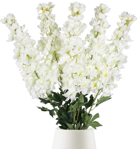 White Delphinium Artificial Flowers,5PCS Faux Larkspur Flowers 39 Long Stem Silk Flowers for Tall Vase Home Wedding Table Decor(White)