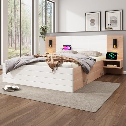 WIZBED Holzbett Bettanlage 160×200 mit 2 Schubladen,USB Ladefunktion,Doppelbett inkl.2 LED Nachtkommode, Schlafzimmer Komplett Set in Eiche/Weiß,Ohne Matratze