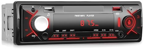 NHOPEEW 1 Din Autoradio con Bluetooth - Autoradio 1 Din Supporto Hands-Free/FM/Time Dispaly - Due porte USB, ricarica USB, ingresso AUX, retroilluminazione rossa