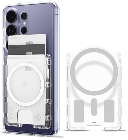 Spigen Ultra Hybrid MagFit+ Magnetisk Korthållare med extern Metallring 3-Kort Kompatibel med Magnetfodral Designad för Samsung Galaxy S26,S26+,S26 Ultra, S25 Serie och Z Fold 7 - Kristallklar