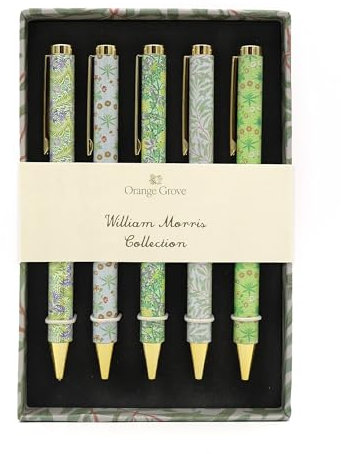 Robert Frederick William Morris Ballpoint Pens – Set of 5 Twist-Action Black Ink Pens in Gift Box – Mixed Green & Blue Floral Designs – Orange Grove William Morris Collection