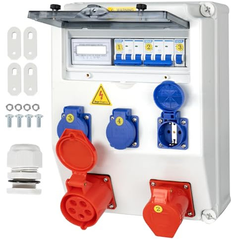 CHENGPI Distribuidor de Corriente de Obra, IP65 Distribuidor de Corriente Estanco con Disyuntor y Contador de Electricidad, Distribuidor de Pared con Toma Schuko IP54 230V/16A y Toma CEE 380V/16A