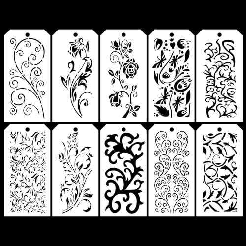 Qpout 10 Stück Blumenrand-Schablonen, 9,4 x 4,7 Zoll Große Florale Eckschablonen zum Bemalen von Wänden Holzmöbeln Porzellanplatten Böden Scrapbooks