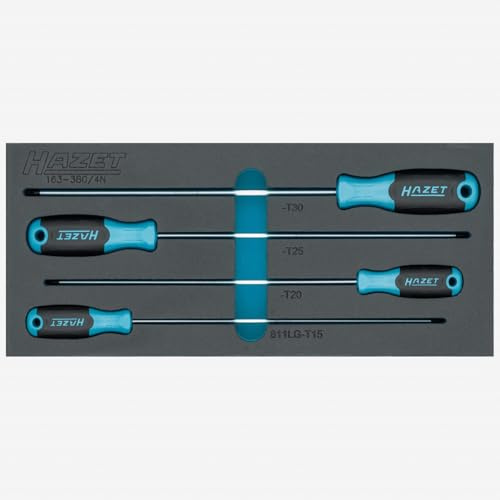 HAZET Schraubendreher-Satz, TORX 163-380/4N, Innen TORX Profil, 4-teilig | Abtrieb Innen TORX Profil, Länge 392 mm, Breite 172 mm, Höhe 38 mm, 436 g, HAZET Safety-Insert-System (SIS)