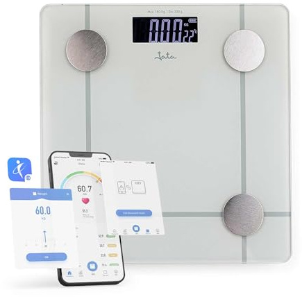 JATA HOGAR HBAS1524 - Báscula de Baño Digital, Bascula Grasa Corporal y Muscular con APP. Bascula Inteligente para Fitness. 8 Memorias. IMC. Calorías Diarias Recomendadadas. Hasta 180 kg