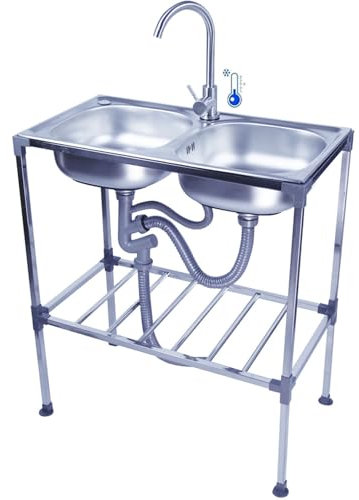 Évier indépendant en Inox Evier 2 Bac Lavabo multifonction pour Intérieur Extérieur,Lavabo Cuve double de Cuisine acier inoxydable avec Robinet pour Garage/buanderie/Jardin/Camping,Facile À Nettoyer