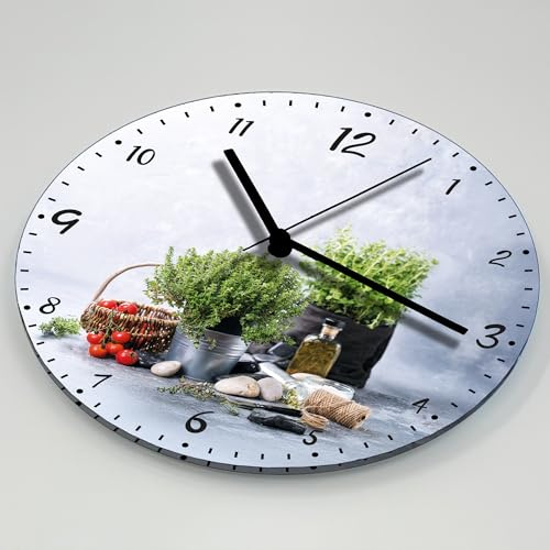 Smagnon Wanduhr ohne Tickgeräusche – 30cm Rund - Hochwertige MDF Wanduhr Analog, Lautloses Schleichendes Uhrwerk – Wohnzimmer Deko & Küchenuhr (Kräuter, 30 cm - Acryl Rund)