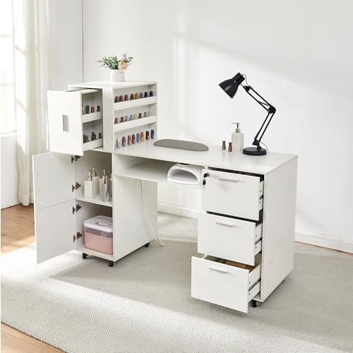 DUDUSHIMAN Manicure Table Nail Desk for Nail tech, 56 Inch Beauty Nail Table w/3 Cabinet+3 Drawers+3 Layers Open Cabinet+1 Open Drawer + 1 Power Outlet for Professional Salon Manicure Workstation