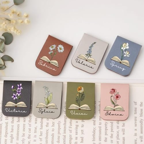 Personalisiertes Leder-Lesezeichen für Frauen, Namens-Lesezeichen mit Geburtsblume, magnetisches Blumen-Lesezeichen, Buchliebhaber, Geburtstagsgeschenk, Buchzubehör