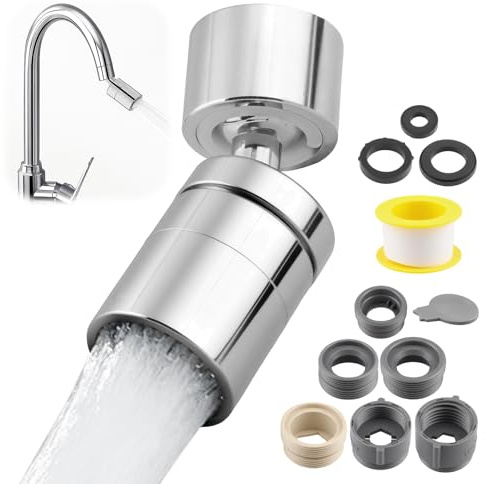 360° Swivel Kitchen Faucet Tap Aerator Attachment, 2 Sprayer Modes Adjustable Sink Spray Head with 11 Adapter Connectors, Anti Splash Water Saving Aerator, 22mm Female Thread Rotatable Nozzle Kit