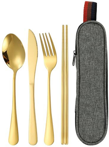 CutitiUU Portable Cutlery Set with Case,Reusable 304 Stainless Steel Knife Fork Spoon Chopsticks,Camping Flatware Set with Case,Camping Cutlery Set for 1,Dishwasher Safe,for School Home Office
