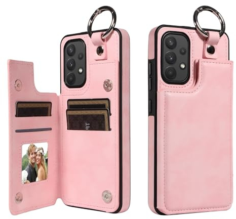 Telefonskyddsfodral kompatibelt med Samsung Galaxy A32 4G plånboksfodral PU-läderkortfickor Bakstycke ring, dubbelt magnetiskt lås och slitstarkt stötsäkert fodral(Pembe)