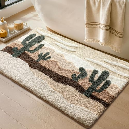 DEXI Badematte 60 x 110 cm, rutschfeste weiche Badezimmerteppich, saugfähig, waschbare Badteppich für Duschboden, Badewanne, Beige mit Kaktusmotiv