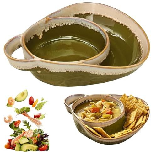 Genérico Plato hondo y para sándwiches, plato hondo y para sándwiches de cerámica con asa, cuencos y cuencos secundarios de gres retro, fáciles de limpiar, para el desayuno, la merienda ﻿ (Green)